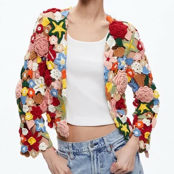 Alice + Olivia Sweaters - Alice + Olivia Fawn Collage Crochet Cardigan Sweater Cotton Floral XS S